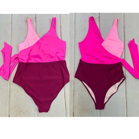 NWT Women's One Piece Swimsuit Wrap Color Block Tie Side Bathing Suit SIZE LARGE - Picture 15 of 17